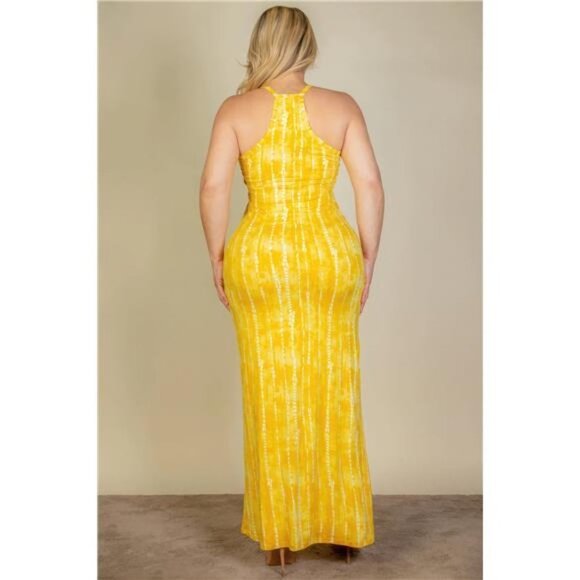 Plus Size Tie Dye Printed Cami Bodycon Maxi Dress- Yellow Tie Dye - Picture 3 of 5
